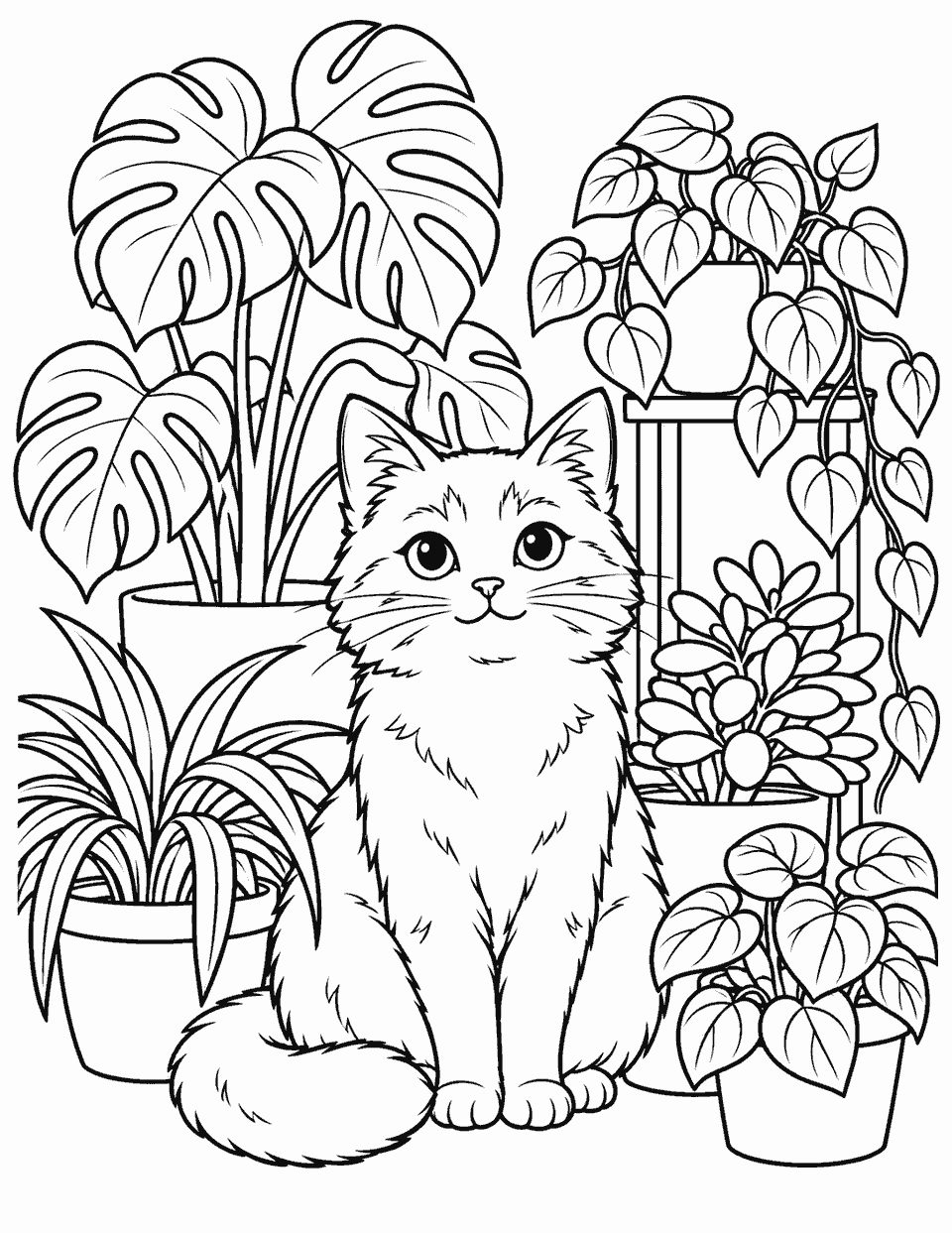 Cat among houseplants coloring page, black and white line art