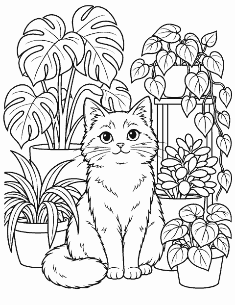 Cat among houseplants coloring page