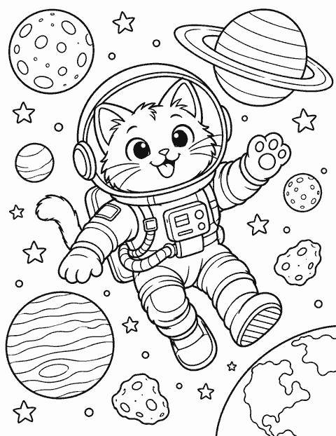 Cat astronaut among the planets coloring page