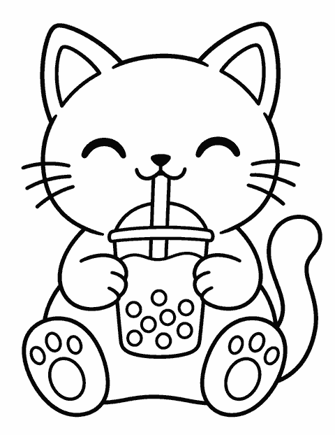 Cat drinking bubble tea coloring page