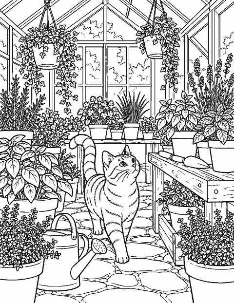 Cat exploring a greenhouse full of potted herbs coloring page
