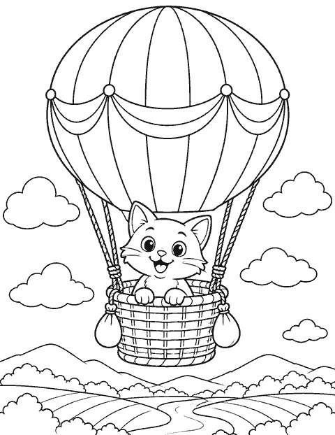 Cat in a hot air balloon coloring page