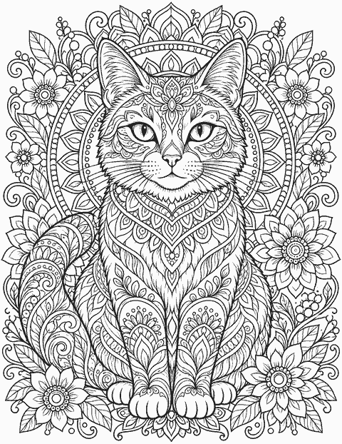 Cat mandala with floral patterns coloring page