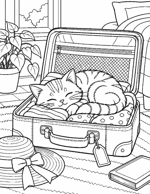 Cat napping inside an open suitcase coloring page