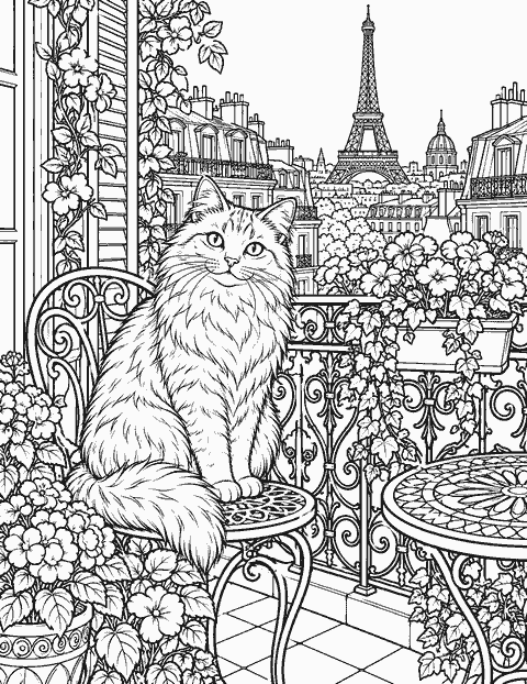 Cat on a Paris balcony coloring page