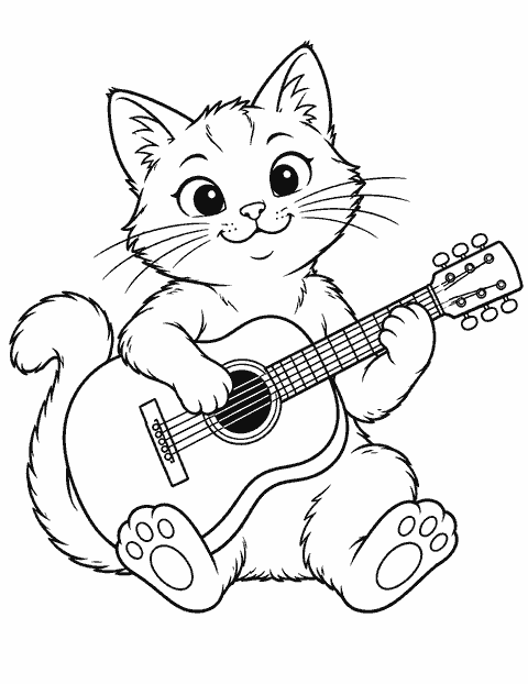 Cat playing the guitar coloring page