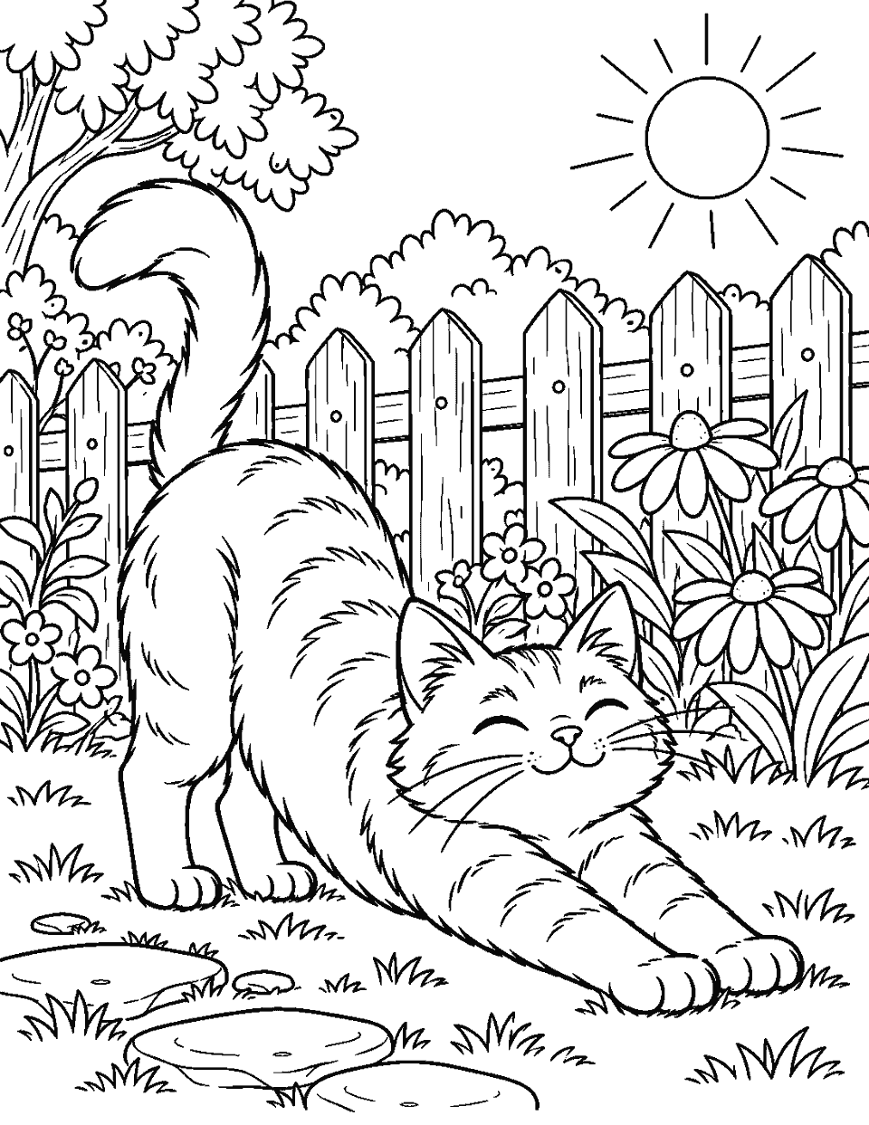 Cat stretching beside a sunny garden fence coloring page, black and white line art