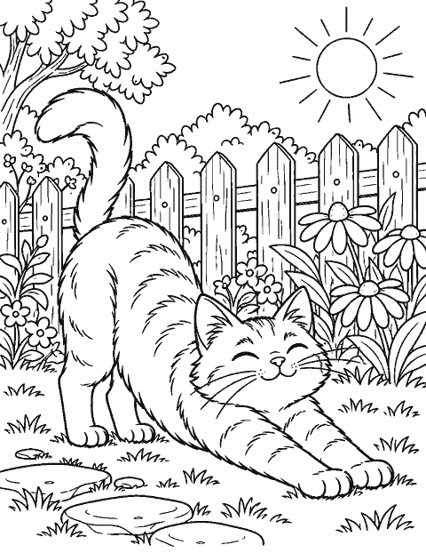 Cat stretching beside a sunny garden fence coloring page