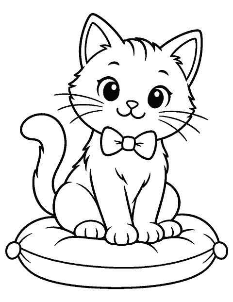 Cat wearing a simple bow tie on a cushion coloring page