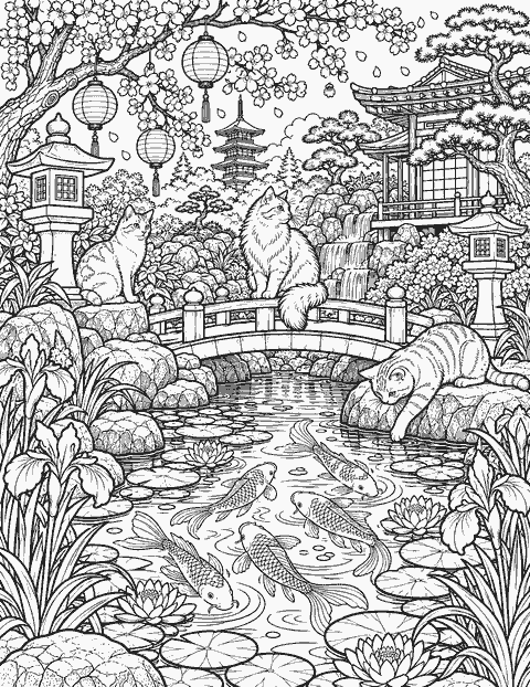 Cats in a Japanese garden coloring page