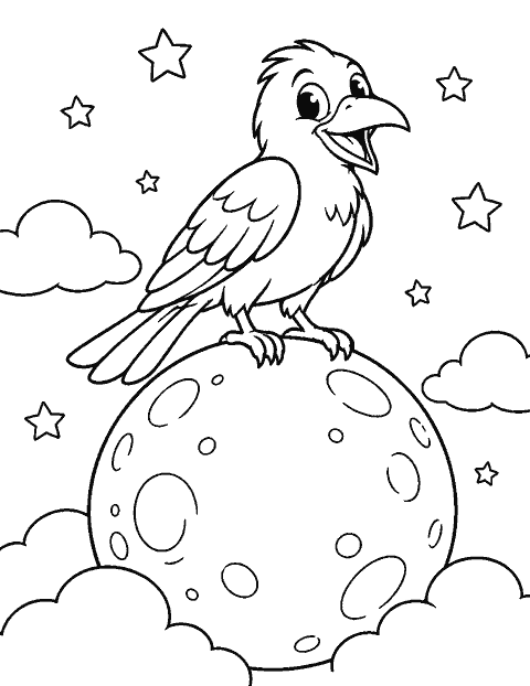 Cheerful black crow perched on a big moon coloring page