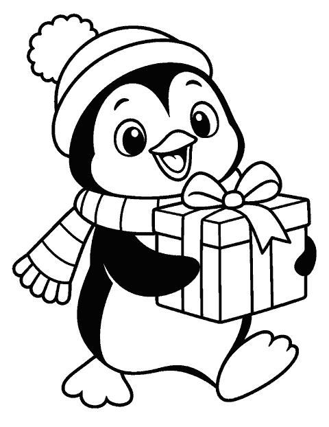 Cheerful penguin carrying a wrapped present coloring page