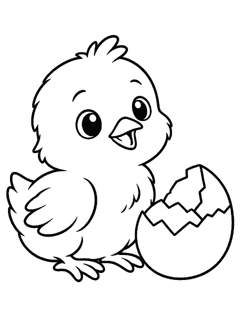 Chick sitting beside a cracked egg coloring page