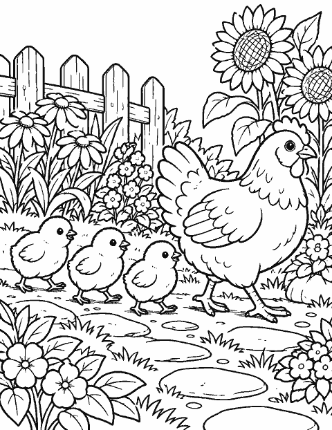 Chicks following their mother through a garden coloring page