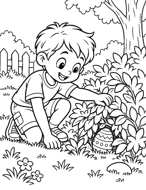 Child finding a hidden egg beneath a bush coloring page