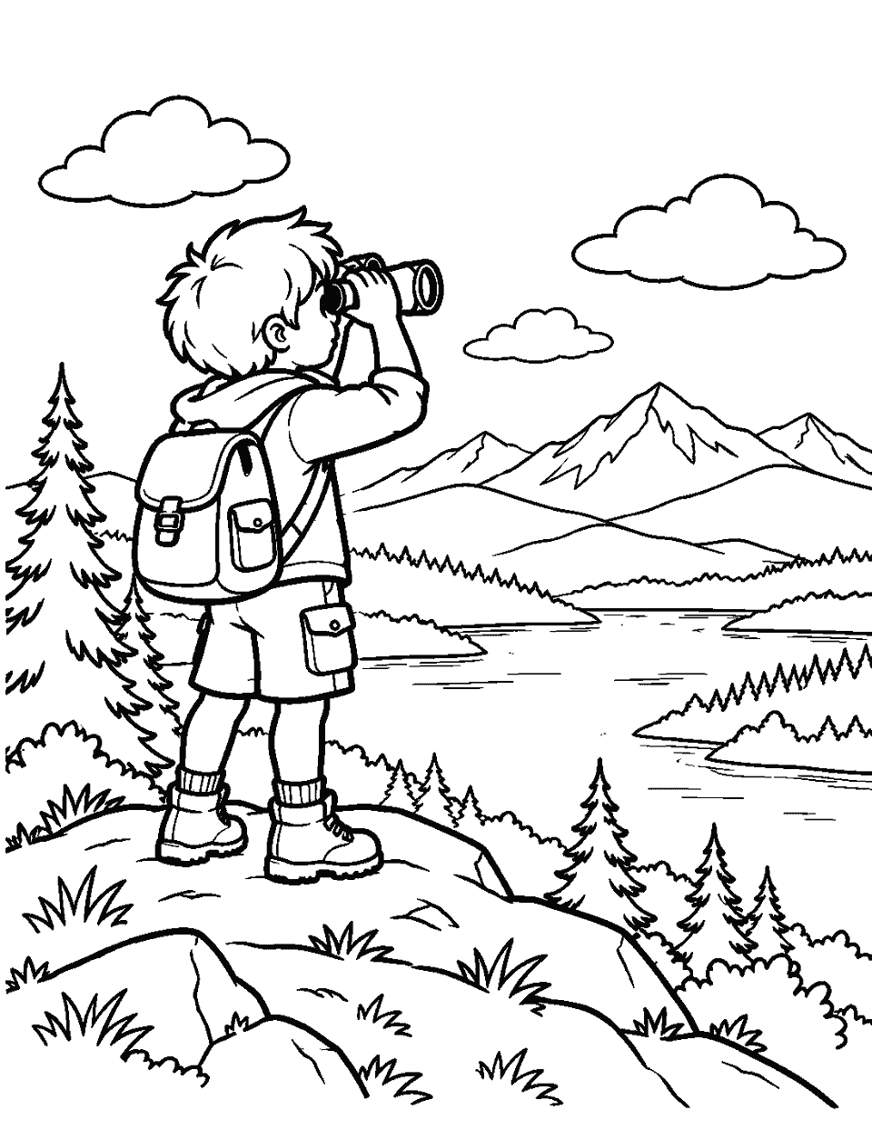Child looking through binoculars from a hilltop coloring page, black and white line art