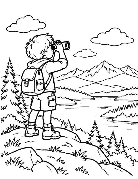 Child looking through binoculars from a hilltop coloring page