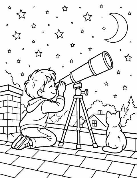 Child with a telescope on the roof coloring page