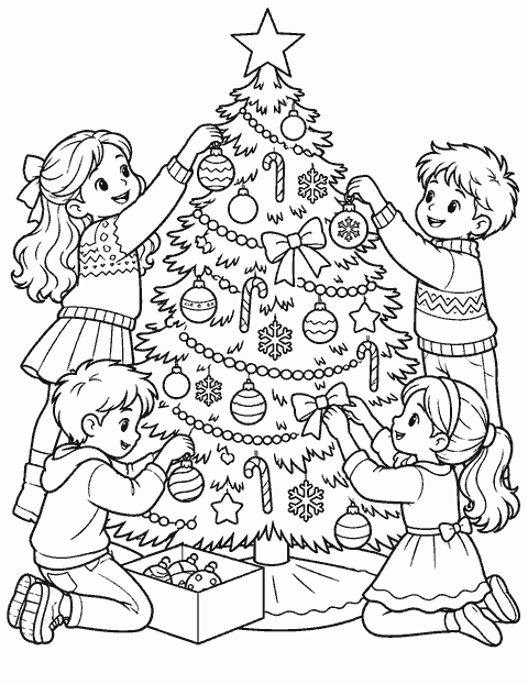 Children decorating the Christmas tree coloring page