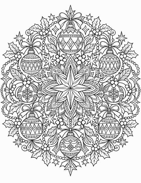 Christmas mandala with ornaments coloring page