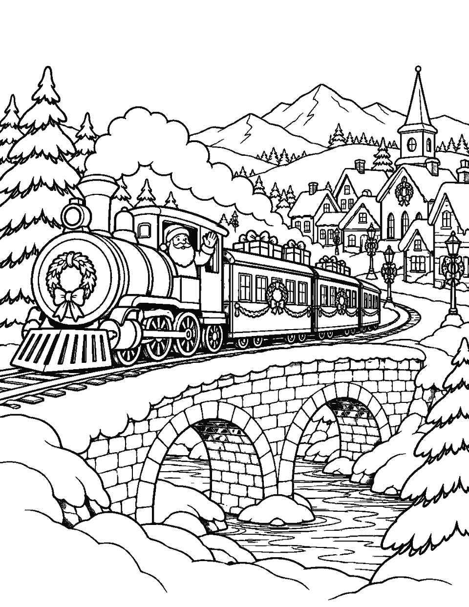 Christmas train crossing a snowy bridge into town coloring page, black and white line art