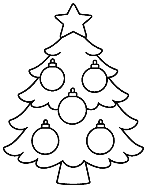 Christmas tree with five large ornaments and a star coloring page