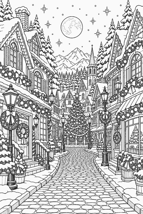 Christmas village street at night coloring page