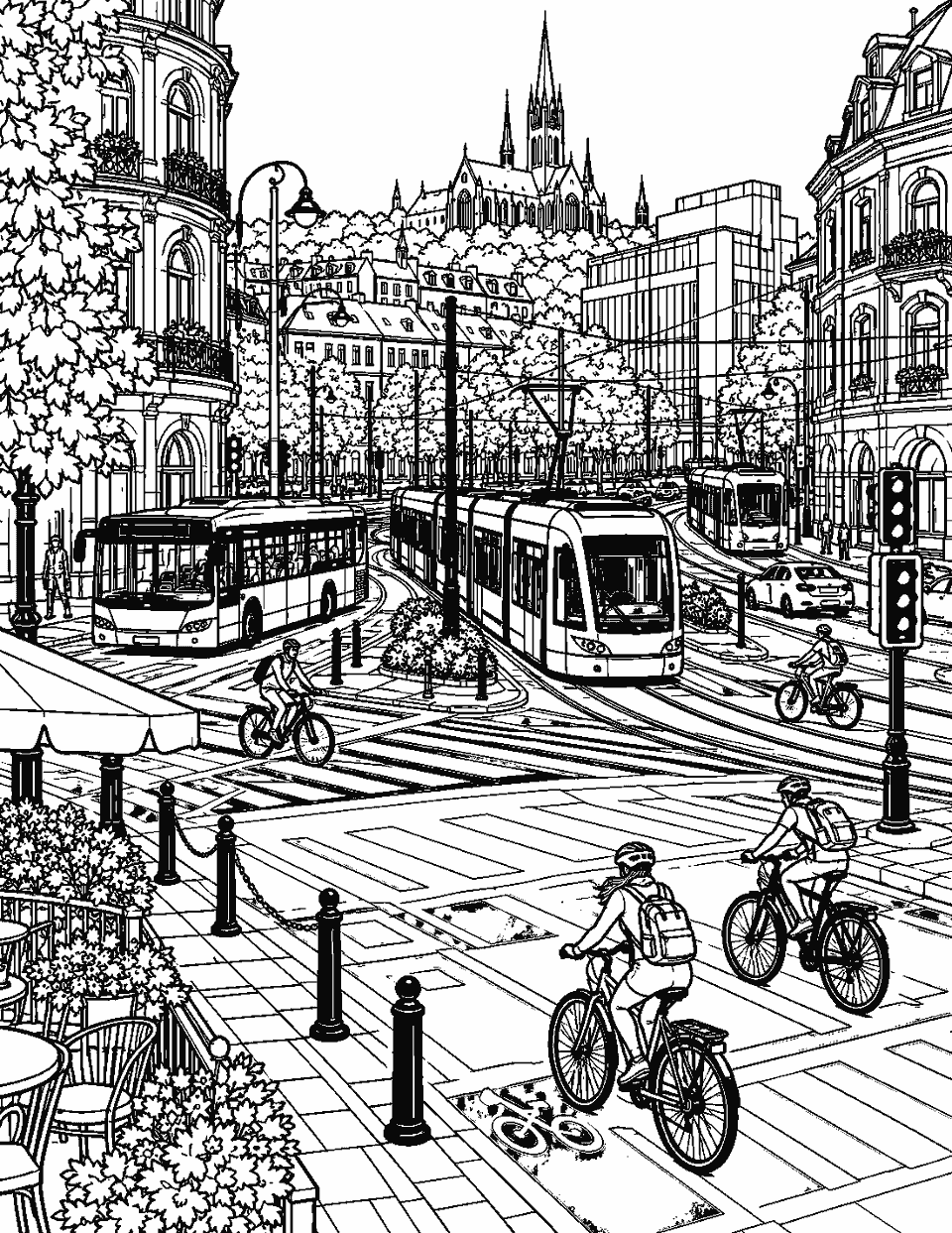 City intersection with buses, trams and bicycles coloring page, black and white line art