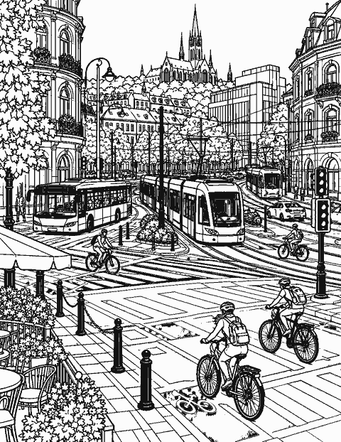 City intersection with buses, trams and bicycles coloring page