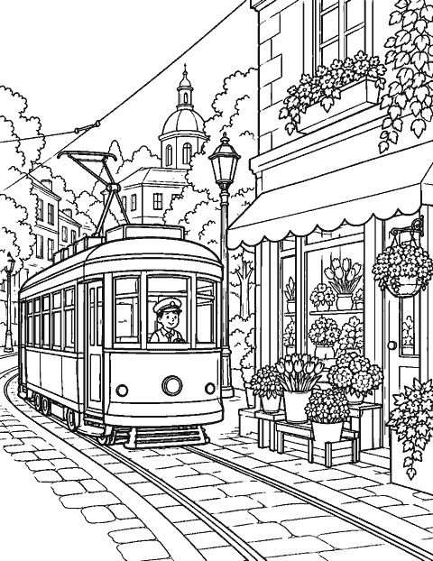 City tram rolling past a flower shop coloring page