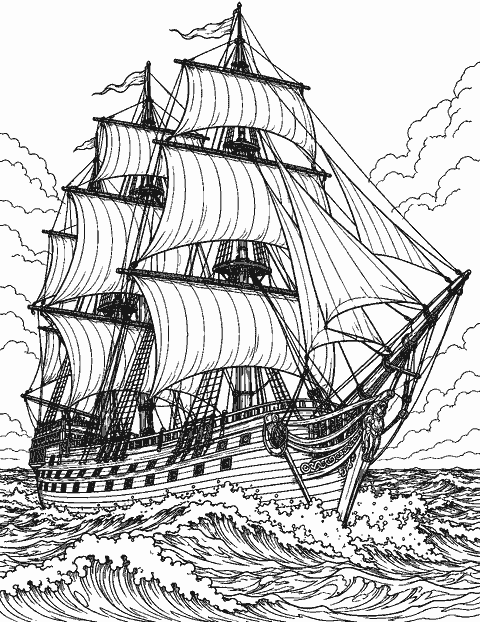Classic sailing ship with rigging and waves coloring page