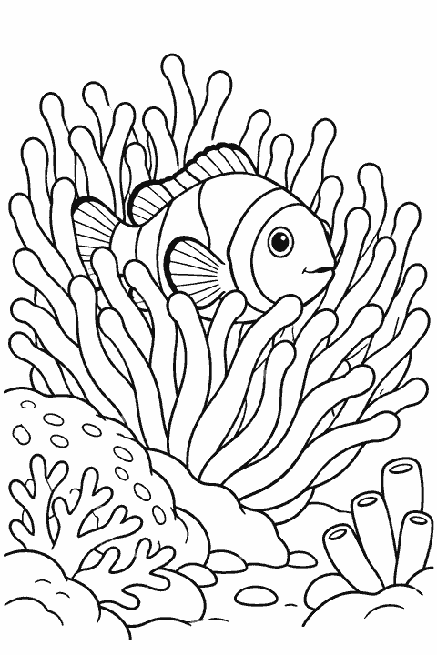 Clownfish in a sea anemone coloring page