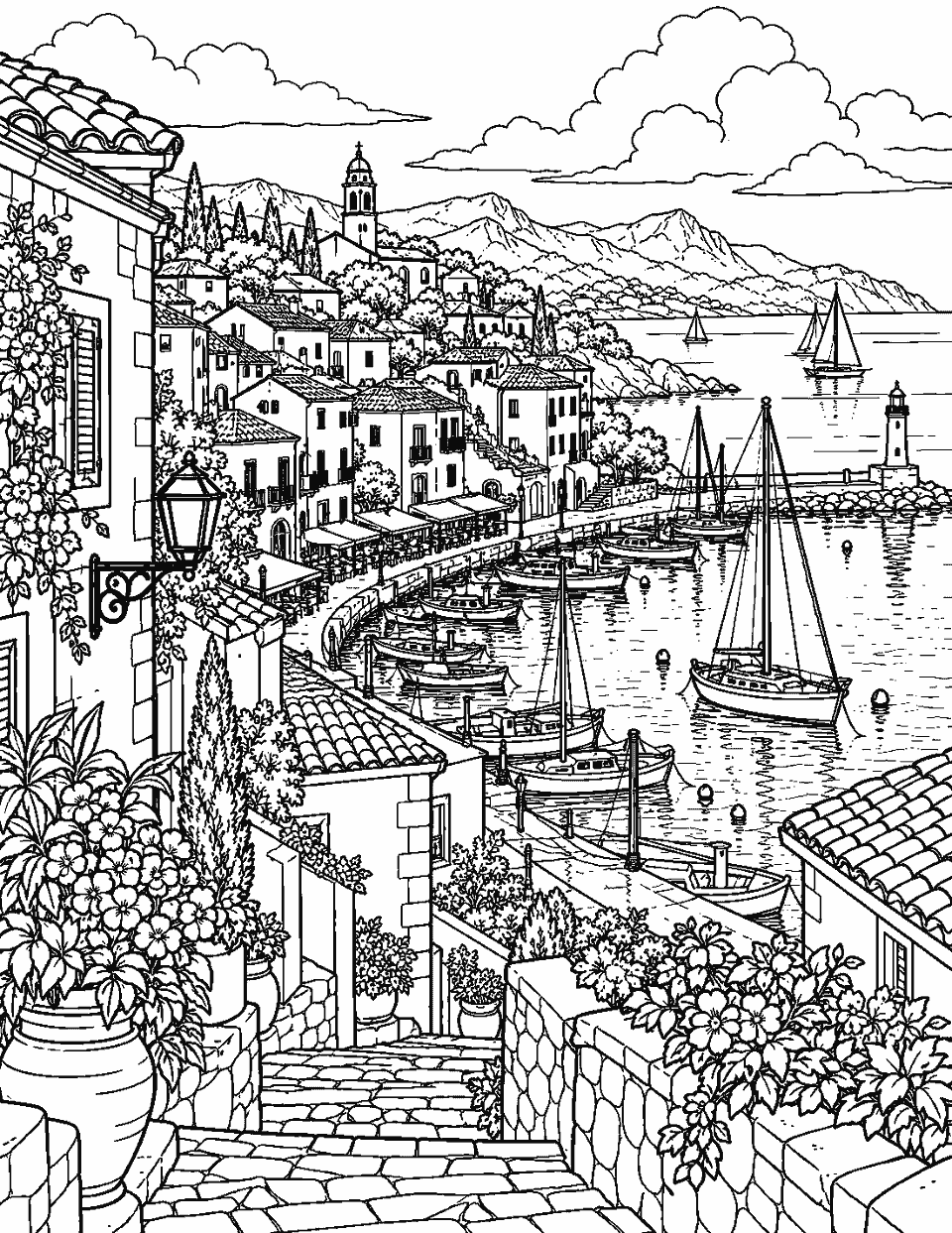 Coastal harbor panorama with boats and tiled roofs coloring page, black and white line art