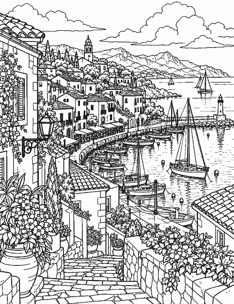 Coastal harbor panorama with boats and tiled roofs coloring page