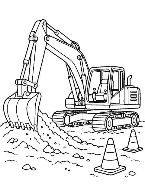 Construction excavator digging beside cones coloring page