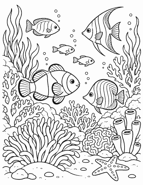 Coral reef with fish coloring page