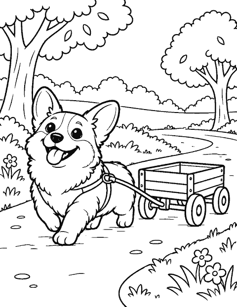 Corgi pulling a toy wagon through a park coloring page