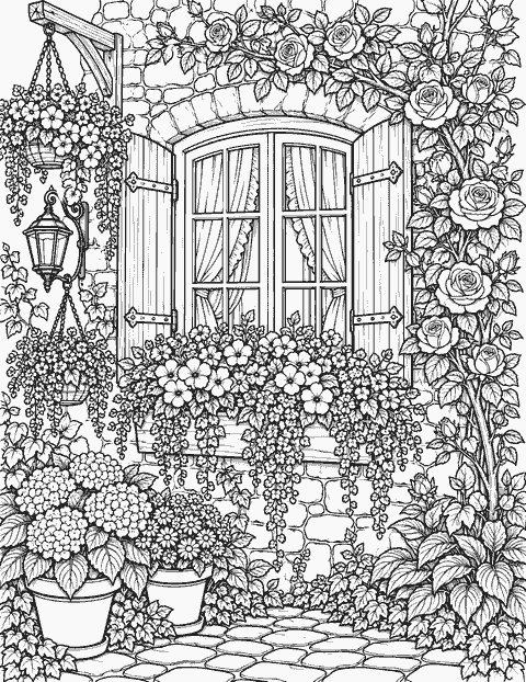 Cottage window with flowers coloring page