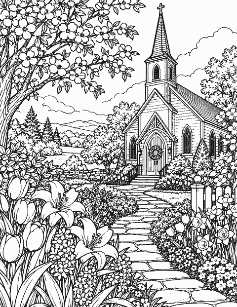 Country church garden in blossom at Easter coloring page