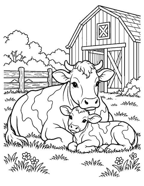 Cow and calf resting by a barn coloring page