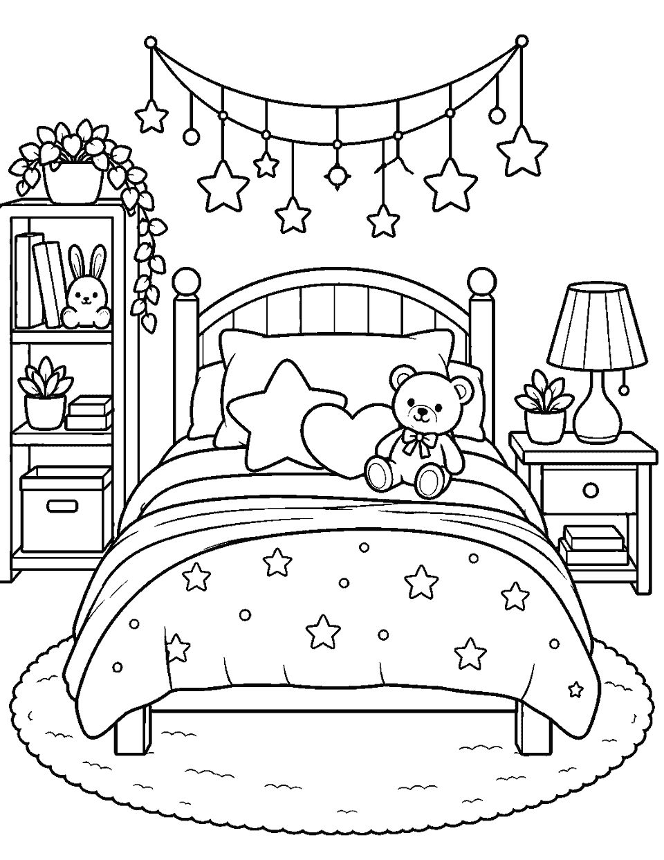 Cozy bedroom with stars above the bed coloring page, black and white line art