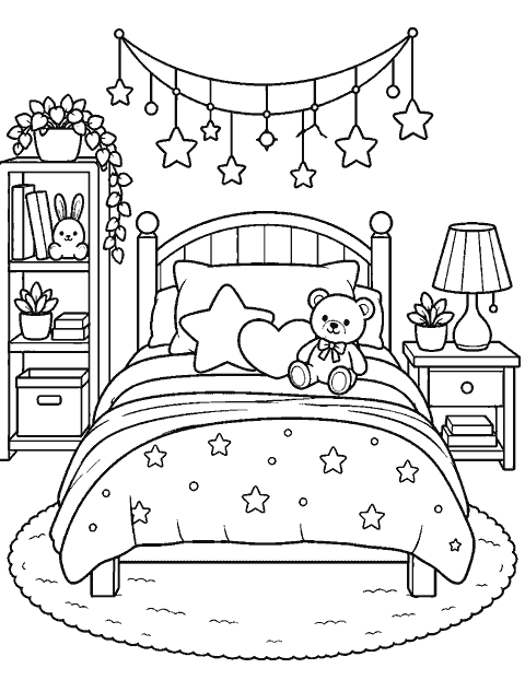 Cozy bedroom with stars above the bed coloring page