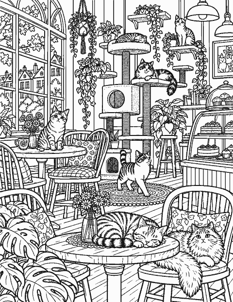 Cozy cat cafe interior with cats on chairs and shelves coloring page
