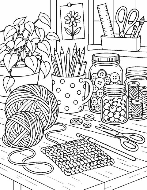 Craft desk with yarn, pencils and jars coloring page