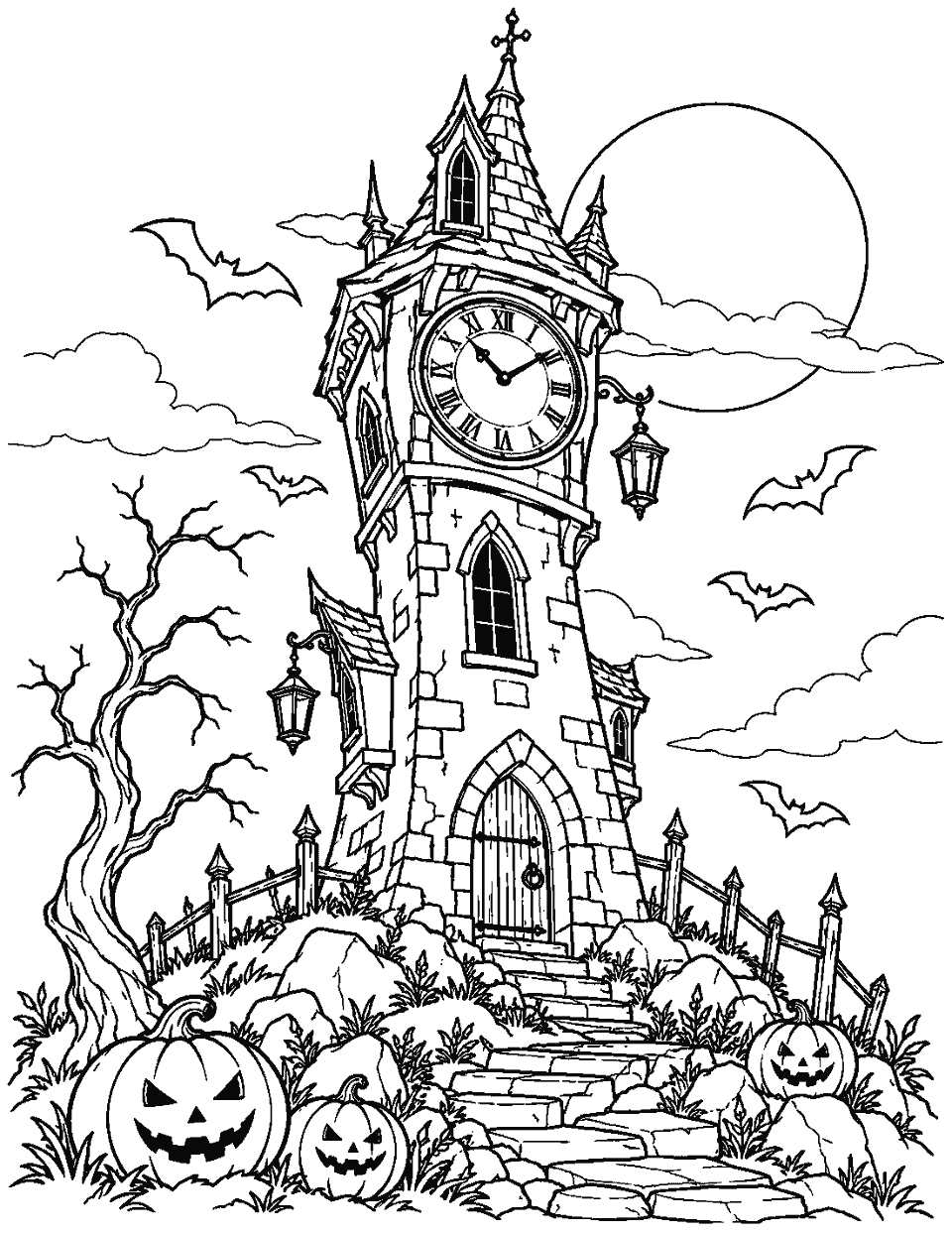 Crooked clock tower with bats, lanterns and pumpkins coloring page, black and white line art