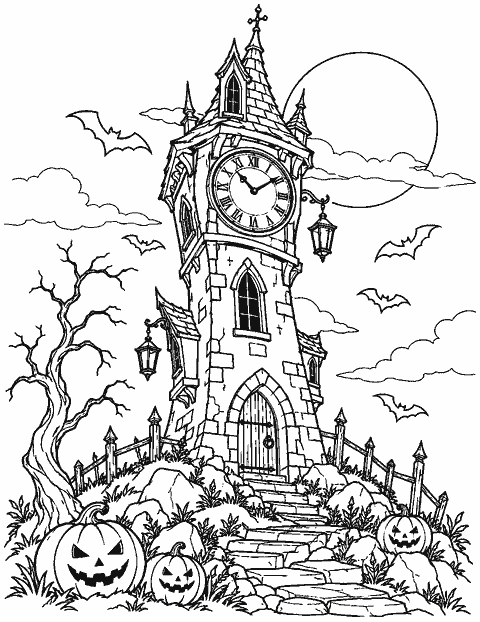 Crooked clock tower with bats, lanterns and pumpkins coloring page
