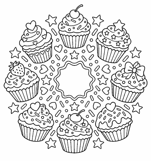 Cupcake mandala with repeating sprinkles and stars coloring page