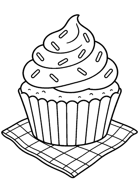 Cupcake resting on a picnic napkin coloring page