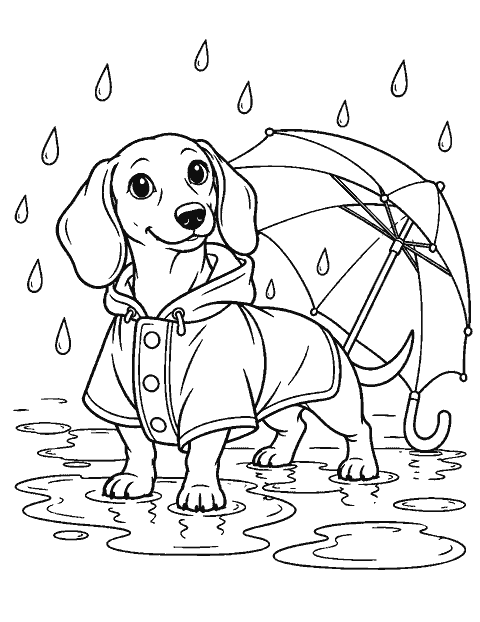 Dachshund wearing a raincoat beside an umbrella coloring page