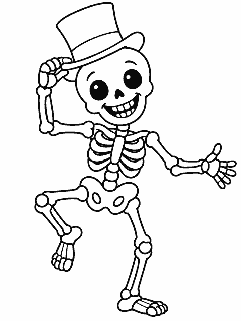 Dancing skeleton in a top hat coloring page